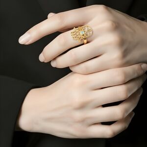 HAMSA GOLD RING : Elegant Gold Plated Filigree Hamsa Ring with Opal Gemstone